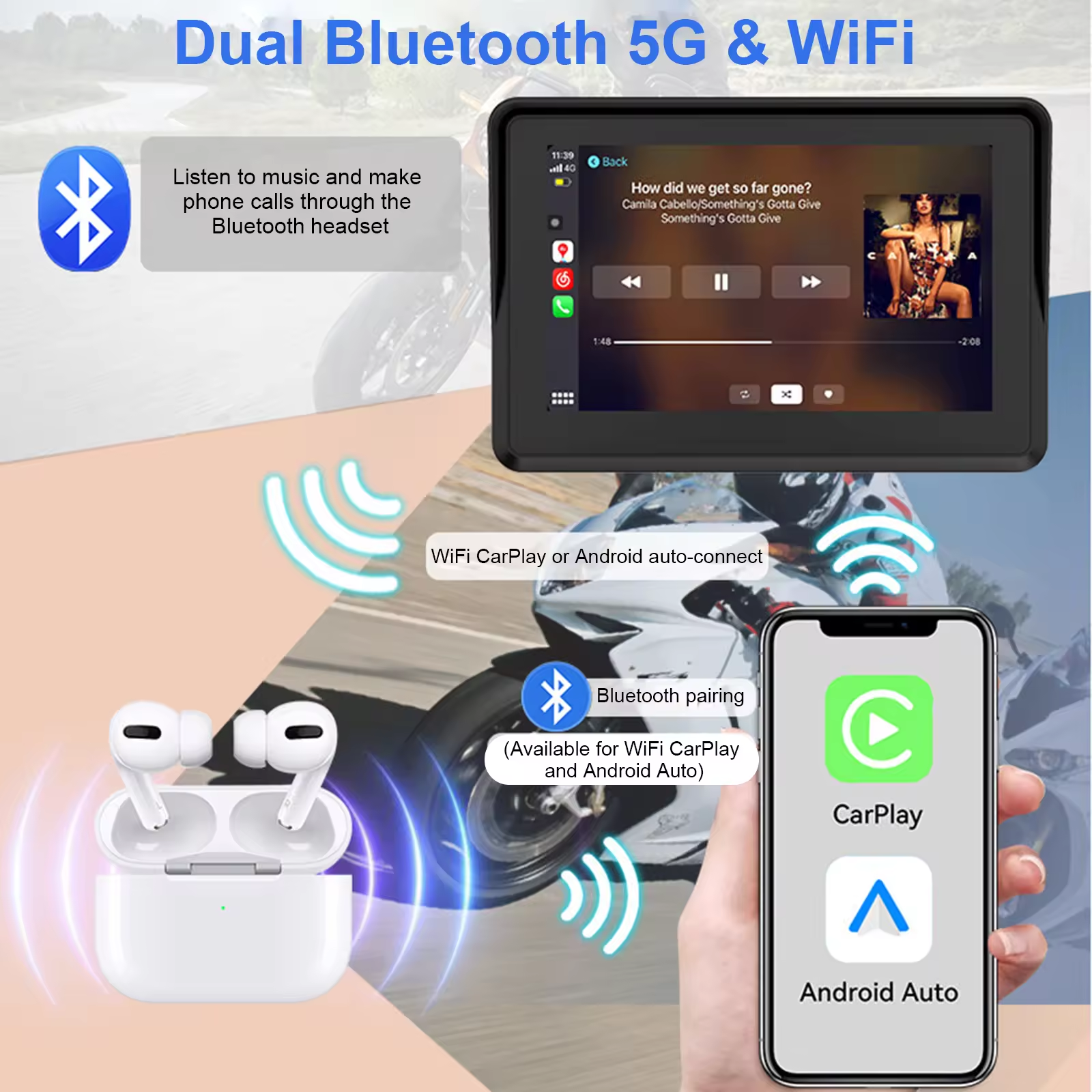 Carlikeit MT2 - Pantalla inalámbrica para motocicleta Carplay y Android Auto