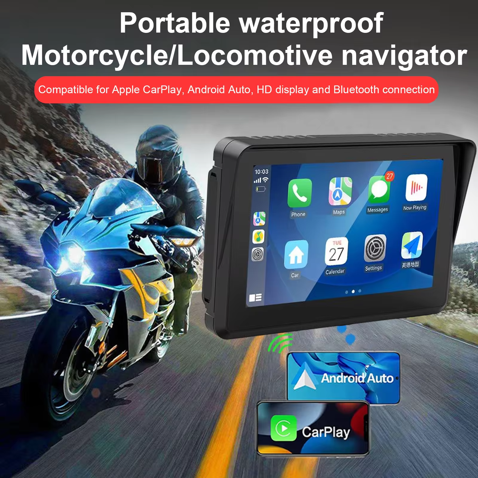 Carlikeit MT2 - Pantalla inalámbrica para motocicleta Carplay y Android Auto