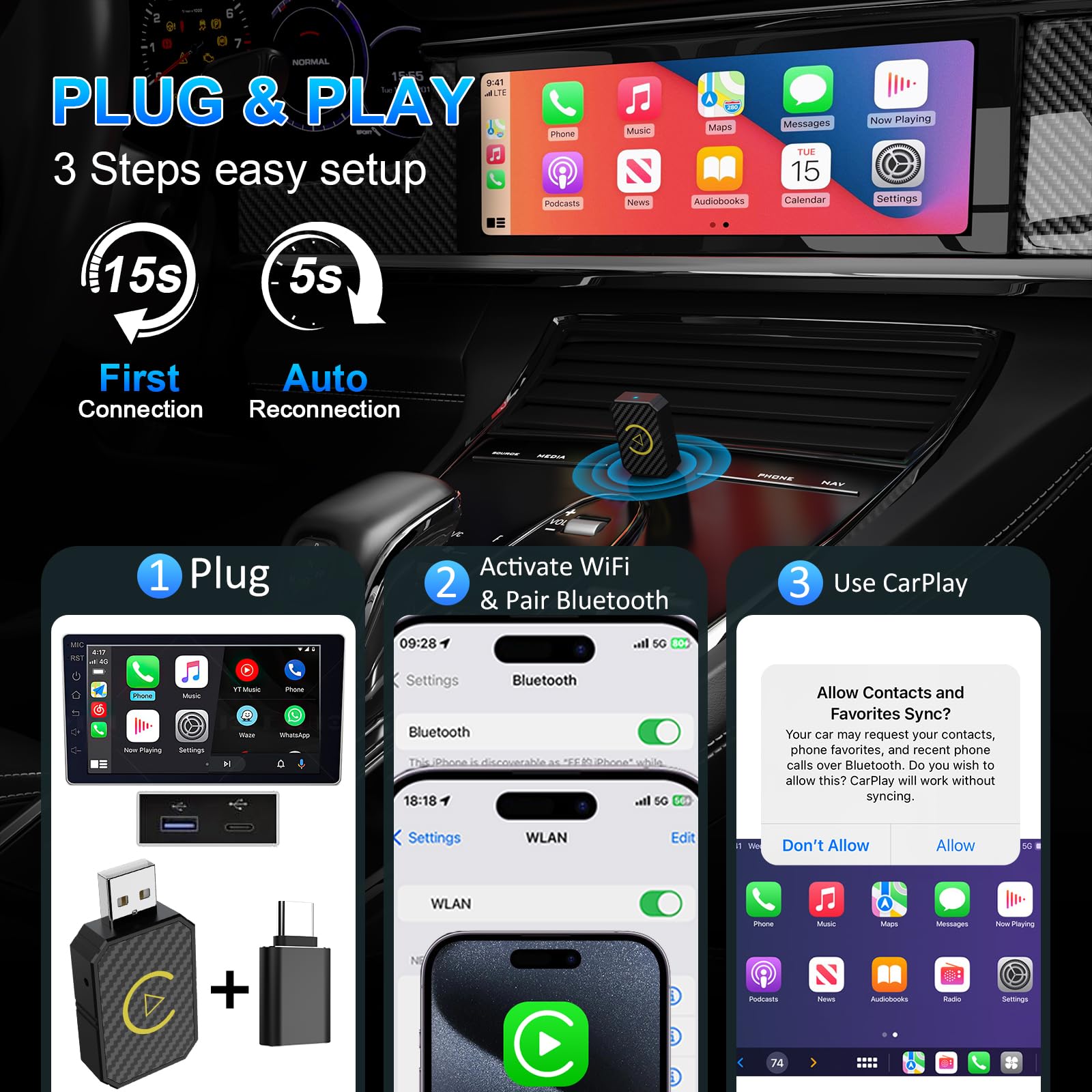 Carlikeit U2 Wireless Carplay Android Auto Adapter