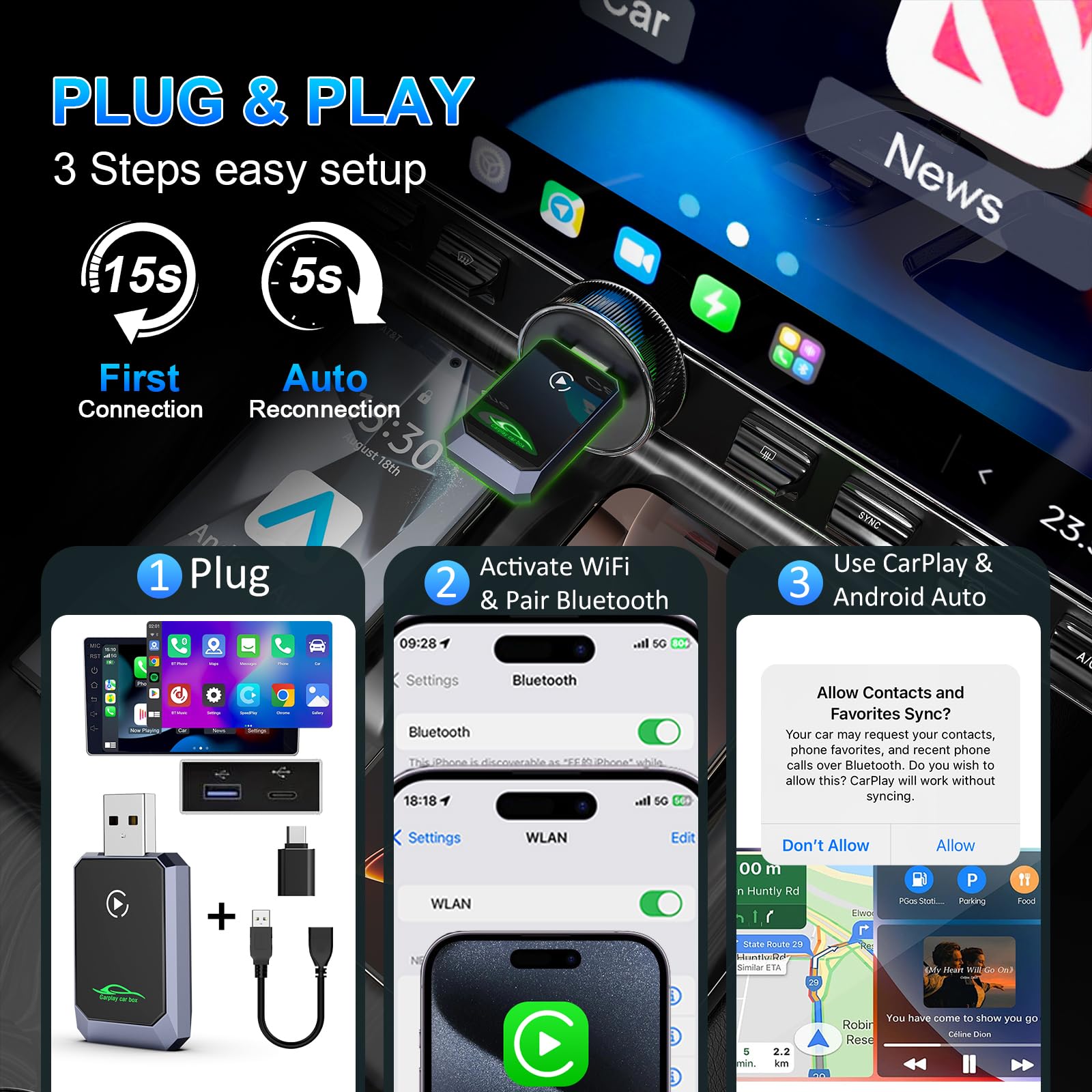 Carlikeit U3 Wireless Carplay Android Auto Adapter
