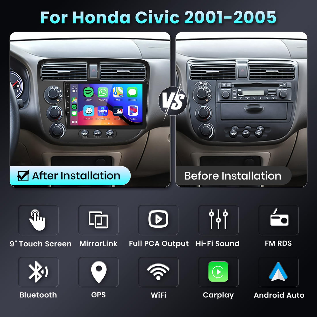 Carlikeit HN2 Car Stereo Wireless CarPlay For Honda Civic 2001-2005