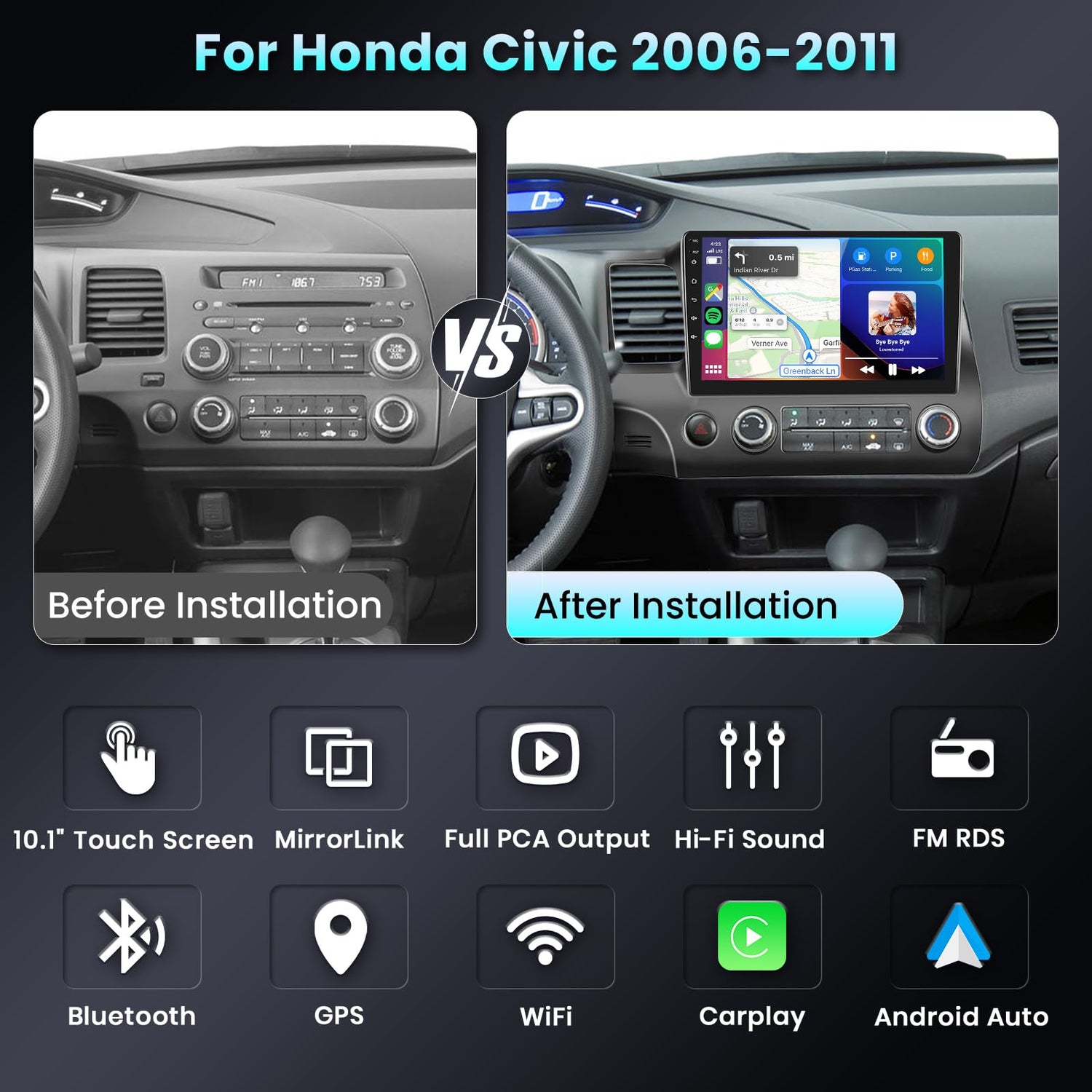 Carlikeit HN1 Car Stereo Wireless CarPlay For Honda Civic 2006-2011