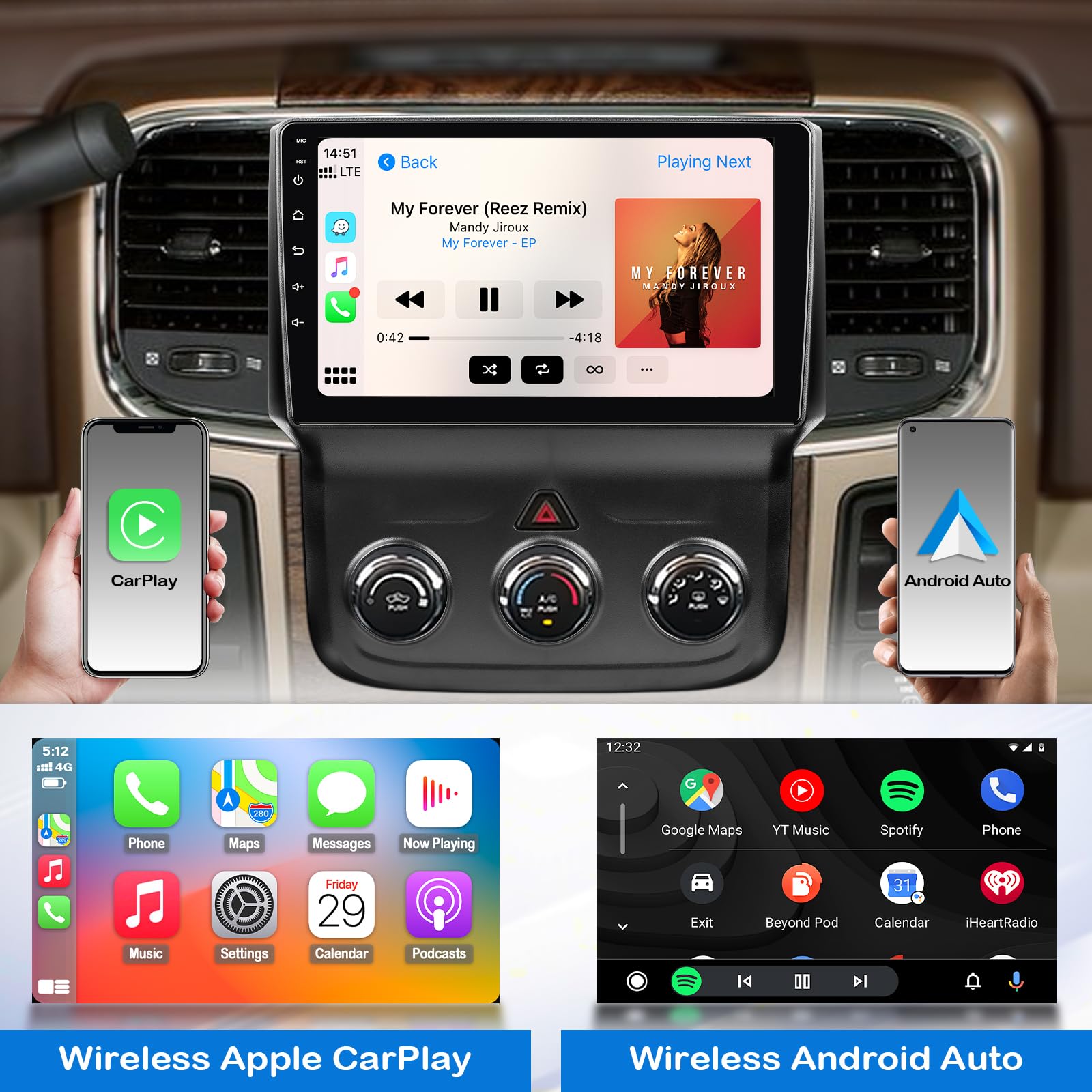 Carlikeit DG1 Car Stereo Wireless CarPlay Android Auto for Dodge RAM