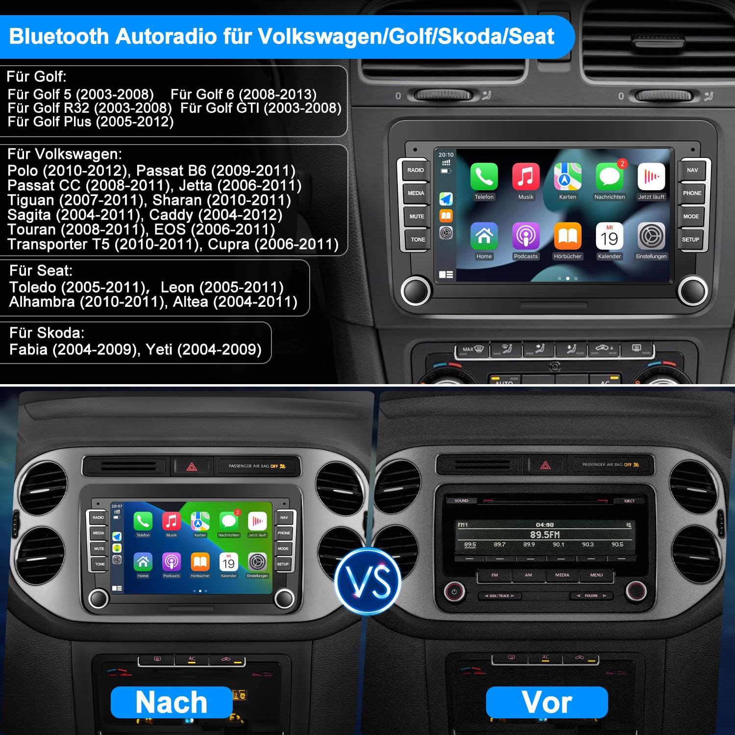 Carlikeit VW1 Car Stereo Wireless CarPlay for Volkswagen Golf